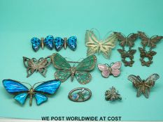 Eight silver butterfly brooches including three set with butterfly wing, two set with enamel,