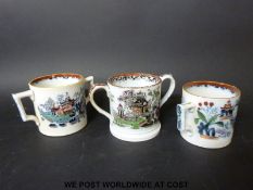 Three twin-handled cider mugs decorated with Japanese scenes