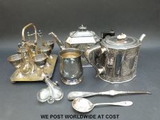 A quantity of plated ware including a six-place egg cruet with spoons,