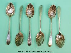 A set of six Georgian hallmarked Scottish silver spoons with shell-shaped bowls,