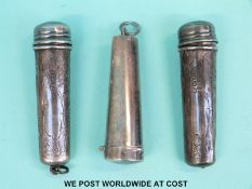 Three hallmarked silver cheroot holder cases with a hallmarked cheroot holder