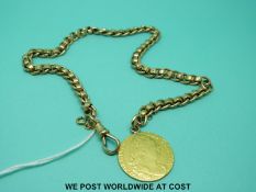 A yellow metal watch chain (25g) with George III guinea fob (8g)