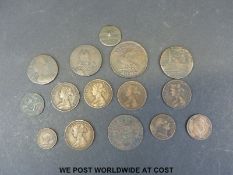 An interesting cachet of copper coins to include 1667 Norwich farthing, 1793 Leeds halfpenny,