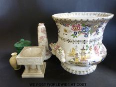 A second period Goss white glazed Winchester Cathedral font together with a Pratt Ware tobacco jar