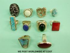 Ten silver rings including lapis lazuli set, agate,
