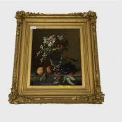 Louise Voordecker : Still life with flowers in a glass vase and fruit, oil on panel, signed,