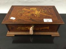 A twentieth century mahogany, burr walnut and satinwood inlaid music box, with key.