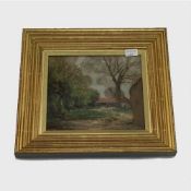 Patrick Rowe : The stackyard, oil on panel, signed, 24 cm x 27 cm, framed.