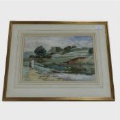 Robert Jobling : A mother and child walking along a riverbank, watercolour, signed, 27 cm x 36 cm,