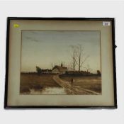 William Baker : Figures on a track with church and thatched building beyond, watercolour, signed,