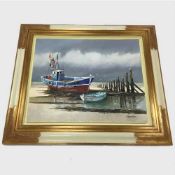 Jean-Pierre Bertraux-Marais : A Fishing boat and a rowing boat off a jetty at low tide,