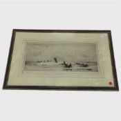 William Lionel Wyllie : Launching fishing boats from the shore with the fleet offshore,