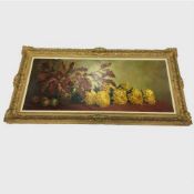 Clement Sielens : Still life with flowers and apples on a cloth, oil on canvas, signed,