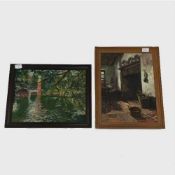 Early twentieth Century Spanish School : Impressionist study of a river, oil on panel.