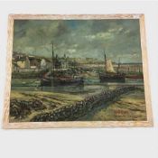 Moi Parry : Fishing boats in a harbour, oil on board, signed, 59 cm x 75 cm,