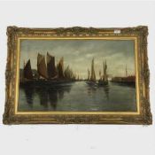 Percy Lionel : Fishing boats in calm waters, oil on canvas, signed, dated '92, 47 cm x 75 cm,