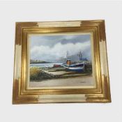 Jean-Pierre Bertraux-Marais : Fishing boats at low tide with calm waters beyond, oil on canvas,