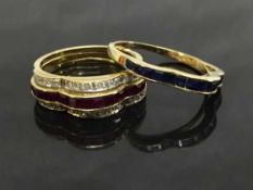 A 14ct gold ruby and diamond ring, together with a sapphire ring of the same design.