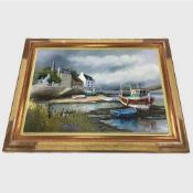 Jean-Pierre Bertraux-Marais : Fishing boats at low tide with buildings and a church beyond,