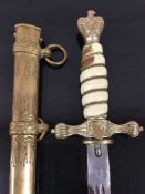 A German Third Reich navy officer's dagger, the brass scabbard with lightning bolt decoration,