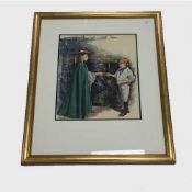 Melvyn Warren-Smith : A lady handing a letter to a young boy, an illustrator's watercolour,