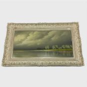 Pierre de Clausade : Calm waters with the banks of an estuary beyond, oil on canvas, signed,