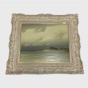 Pierre de Clausade : Calm waters with the a sandy headland beyond, oil on canvas, signed,