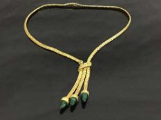A yellow gold flat linked necklace with malachite drops, indistinctly marked, 30.9g.