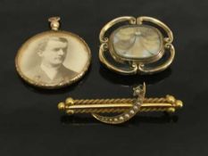 A 15ct gold seed pearl and textured gold bar brooch, 4.