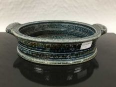 Jane Hamlyn (born 1940): A salt glazed stoneware two-handled dish, of oval form,