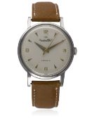 A RARE GENTLEMAN'S STAINLESS STEEL IWC AUTOMATIC WRIST WATCH CIRCA 1950s D: Silver dial with gilt 