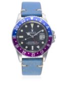 A RARE GENTLEMAN’S STAINLESS STEEL ROLEX OYSTER PERPETUAL DATE GMT MASTER 