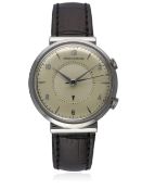 A RARE GENTLEMAN'S STAINLESS STEEL JAEGER LECOULTRE MEMOVOX ALARM WRIST WATCH CIRCA 1950s WITH 