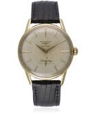A RARE GENTLEMAN'S 18K SOLID GOLD LONGINES FLAGSHIP CHRONOMETER WRIST WATCH CIRCA 1957 D: Silver