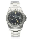 A RARE GENTLEMAN'S STAINLESS STEEL ROLEX OYSTER PERPETUAL DATE EXPLORER II 