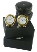 TWO GILT METAL MONTBLANC MEISTERSTUCK TRAVEL ALARM CLOCKS CIRCA 2012, REF.29313 IN UNUSED