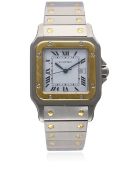 A GENTLEMAN'S STEEL & GOLD CARTIER SANTOS AUTOMATIC BRACELET WATCH CIRCA 1990s D: White dial with