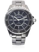 A FULL SIZE BLACK CERAMIC CHANEL J12 AUTOMATIC BRACELET WATCH CIRCA 2010 D: Black dial with white