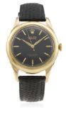 A GENTLEMAN'S 9CT SOLID GOLD ROLEX PERPETUAL WRIST WATCH CIRCA 1950 D: Black dial with gilt 
