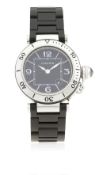 A LADIES STAINLESS STEEL & BLACK RUBBER CARTIER PASHA SEATIMER BRACELET WATCH CIRCA 2010, REF.