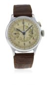 A GENTLEMAN'S LARGE SIZE CHROME CASED LEMANIA SINGLE BUTTON CHRONOGRAPH WRIST WATCH CIRCA 1930s