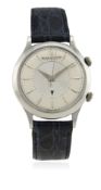 A GENTLEMAN'S STAINLESS STEEL JAEGER LECOULTRE MEMOVOX ALARM WRIST WATCH CIRCA 1950s D: Two tone