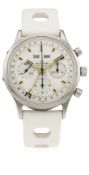 A RARE GENTLEMAN’S LARGE SIZE STAINLESS STEEL WAKMANN TRIPLE CALENDAR CHRONOGRAPH WRIST WATCH