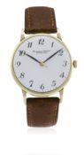 A GENTLEMAN'S 9CT SOLID GOLD IWC SCHAFFHAUSEN WRIST WATCH CIRCA 1970 D: White dial with black Arabic
