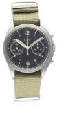 A GENTLEMAN'S STAINLESS STEEL BRITISH MILITARY CWC ROYAL NAVY PILOTS CHRONOGRAPH WRIST WATCH DATED