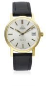 A GENTLEMAN'S 18K SOLID GOLD OMEGA GENEVE WRIST WATCH CIRCA 1972, REF. 166-163  D: Silver dial