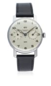 A RARE GENTLEMAN'S STAINLESS STEEL UNIVERSAL GENEVE TRIPLE CALENDAR WRIST WATCH CIRCA 1950, REF.