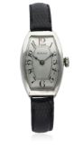 A LADIES SOLID SILVER ROLEX TONNEAU WRIST WATCH CIRCA 1930 D: Silver dial with black & red Arabic