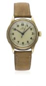 A GENTLEMAN'S 9CT SOLID GOLD OMEGA WRIST WATCH CIRCA 1939 D: Silver dial with luminous Arabic