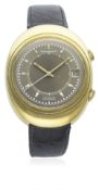 A RARE GENTLEMAN'S 18K SOLID GOLD JAEGER LECOULTRE MEMOVOX AUTOMATIC SPEED BEAT GT WRIST WATCH CIRCA